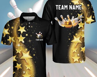May include: Black bowling jersey with a gold star pattern and a bowling ball graphic. The jersey has the text "TEAM NAME" on the back and "YOUR NAME" on the front.