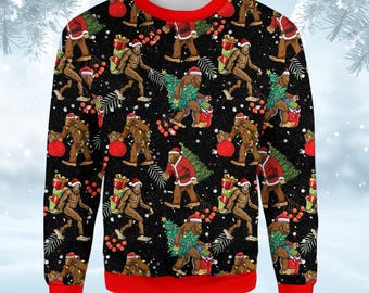 Bigfoot Christmas Sweatshirt for Men Women, Funny Sasquatch Fake Ugly Xmas Sweater, Santa Bigfoot Holiday Pullover Gift
