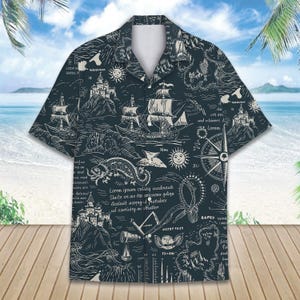 Vintage Nautische Hawaiihemd Männer Frauen Jugend, Piratenschiff Aloha Shirt, Retro Ocean Map Kurzarm-Shirt, Sea Adventure Shirt