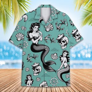 Pirate & Mermaids Haiwaii Hemd für Männer Frauen Jugend, Vintage Piraten Shirt Button Down Kurzarm, Nautisches Hemd, Meerjungfrau Hawaiihemd