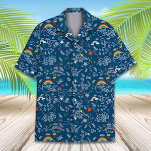 Dinosaur Hawaiian Shirt for Men Women Youth, Cute Rainbow Dino Shirt, Colorful Dino Shirt Short Sleeve Button Up, Dino Lovers Gift