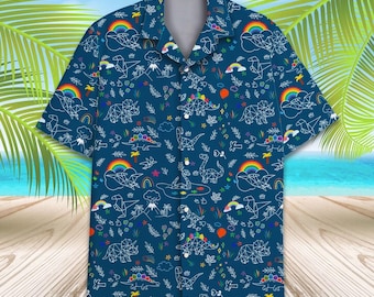 Dinosaur Hawaiian Shirt for Men Women Youth, Cute Rainbow Dino Shirt, Colorful Dino Shirt Short Sleeve Button Up, Dino Lovers Gift