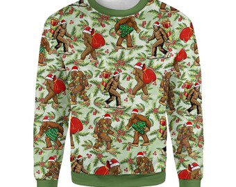 Bigfoot Christmas Sweatshirt for Men Women, Funny Sasquatch Fake Ugly Xmas Sweater, Santa Bigfoot Holiday Pullover Gift
