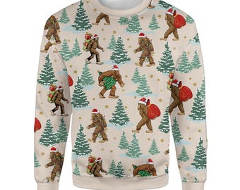 Bigfoot Christmas Sweatshirt for Men Women, Funny Sasquatch Fake Ugly Xmas Sweater, Santa Bigfoot Holiday Pullover Gift