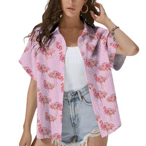 Pink Floral Flamingo Hawaiian Shirt for Women, Cute Tropical Bird & Flower Print, Summer Vacation Shirt Button Down Short Sleeve