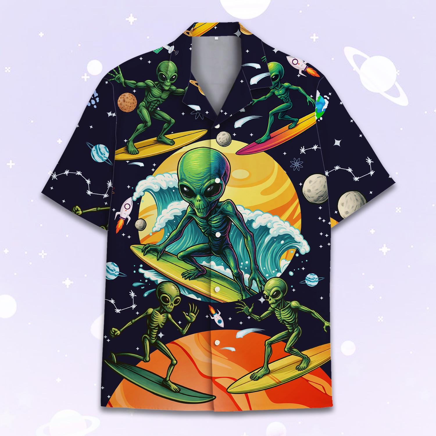 Alien Surfing Hawaiian Shirt Men Women Youth, Funny Space Surfer