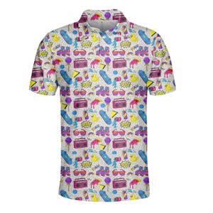 Retro 90s Party Polo Shirt for Men and Women, Funny Neon Skate Boombox Shirt, Casual Polo Shirt Button Up Short Sleeve, Polo Outfits