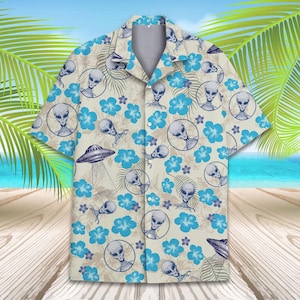 Funny Alien Hawaiian Shirt for Men Women Youth, UFO Flower Summer Shirt, Space Aloha Party Shirt Button Down Short Sleeve, Sci-fi Shirt