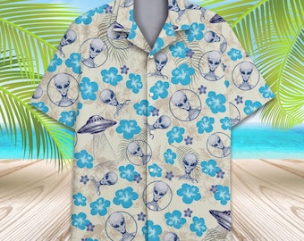 Funny Alien Hawaiian Shirt for Men Women Youth, UFO Flower Summer Shirt, Space Aloha Party Shirt Button Down Short Sleeve, Sci-fi Shirt