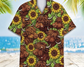 Camisa hawaiana de vaca de las tierras altas para hombres, mujeres y jóvenes, camisa de verano con estampado de animales de granja de girasoles, linda camisa hawaiana con botones estilo country western.
