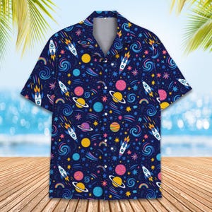 Colorful Outer Space Hawaiian Shirt, Rocket Galaxy Print Summer Shirt for Men Women Youth, Fun Space Planets Button Up Short Sleeve Shirt