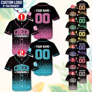 May include: Black baseball jerseys with glitter effects and the text "CHEER TEAMNAME" and "YOUR NAME 00". The jerseys come in various colours, including pink, blue, gold, green, purple, and silver. The top left corner has the text "CUSTOM LOGO IF YOU REQUEST".