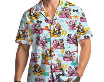 Bigfoot Flamingo Pool Float Hawaiian Shirt for Men Women Youth, Summer Beach Vacation Button Down Shirt, Funny Sasquatch Swim Party Shirt