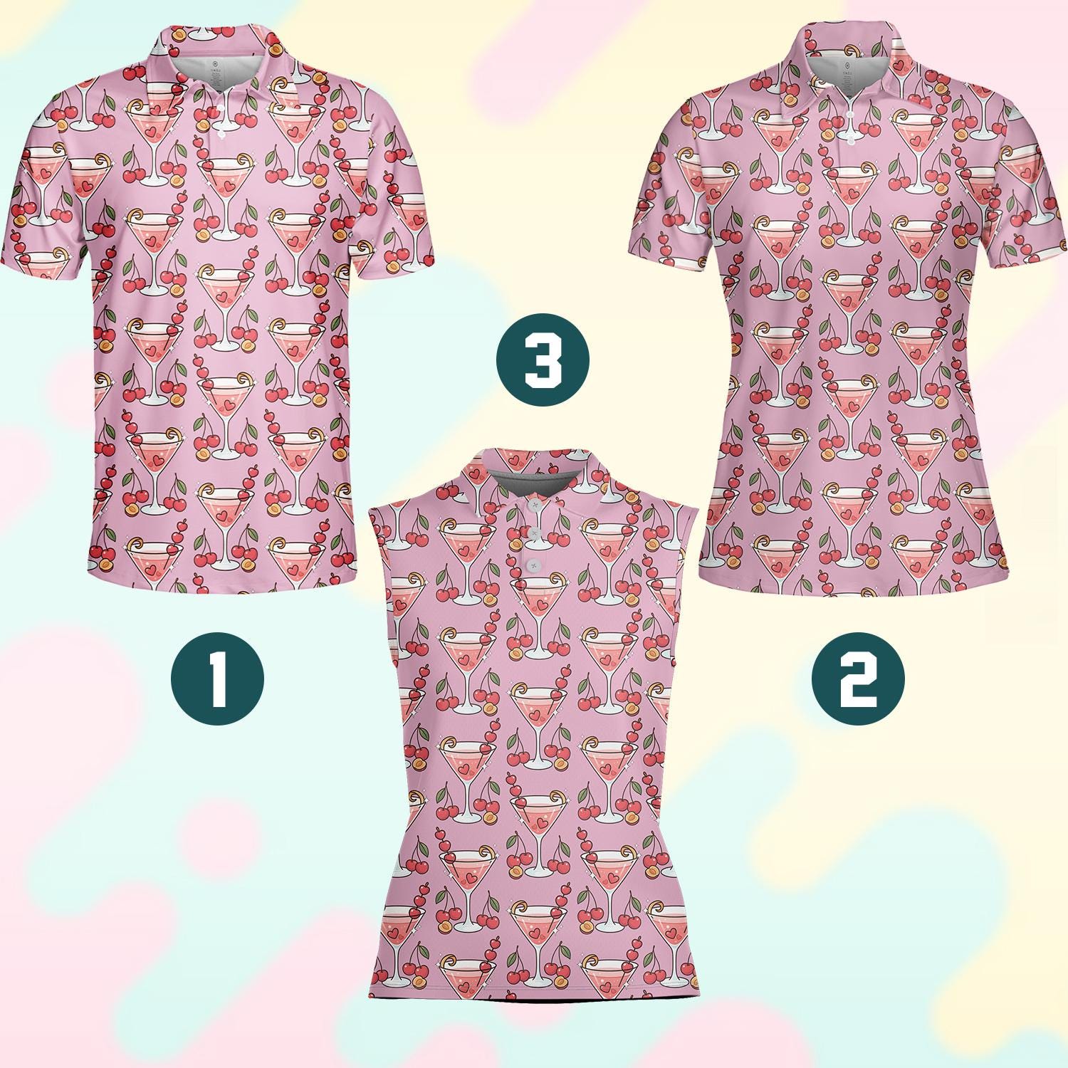 Pink Cocktail & Cherry Polo Shirt for Men Women, Tropical Margarita Mojito Golf Polo, Summer Unisex Sleeveless and Short Sleeve Party Shirt
