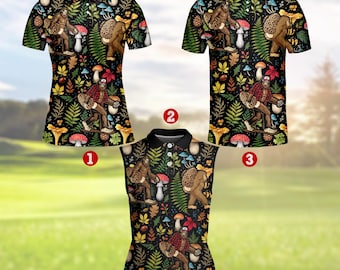 Funny Bigfoot Mushroom Hunting Polo Shirt for Men Women, Forest Sasquatch Forager Gift, Autumn Nature Outdoor Golf Shirt