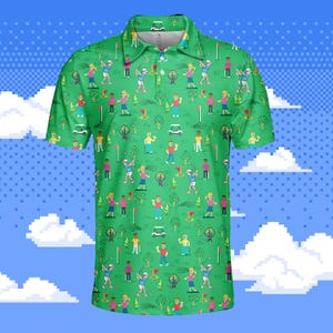 May include: Green polo shirt with a repeating pattern of golfers, golf carts, trees, and flags. The shirt has a collared neckline and short sleeves. The background is a pixelated blue sky with white clouds.