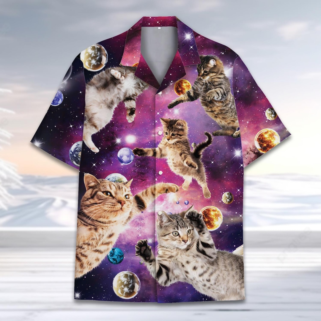 Funny Galaxy Cat Hawaiian Shirt for Men Women Youth, Space Kitten