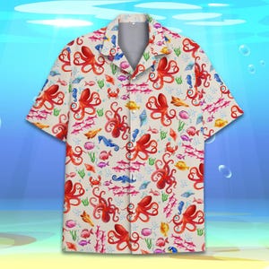 Octopus Hawaiian Shirts Men Women Youth, Marine Life  Aloha Summer Beach Shirt,  Ocean Shirt Button Down Short Sleeve, Ocean Octopus Shirt