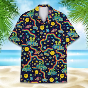 Camisa hawaiana psicodélica con diseño de extraterrestre arcoíris para hombres, mujeres y jóvenes, camisa hippie espacial abotonada, camisa retro de verano de manga corta.