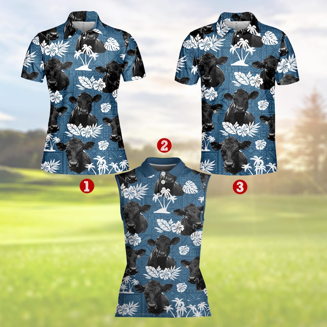 Polo Cow Pattern Angus Cow Floral Polo Shirt, Tropical Flower Cow Print Golf Shirt for ...