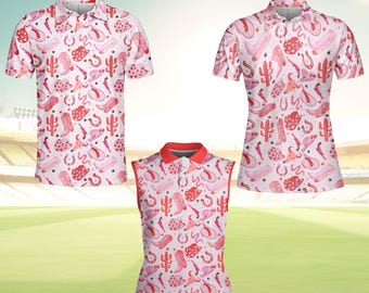 Pink Western Cowgirl Golf Polo Shirt for Men and Women, Cute Sleeveless Cowgirl Rodeo Golf Shirt Button Up, Funny Country Style Shirt