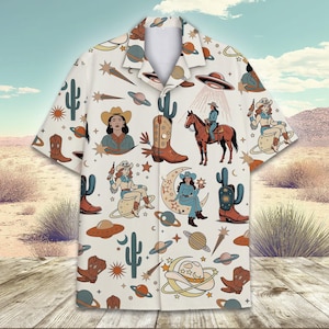 Space Cowgirl Hawaiian Shirt for Men Women Youth, Rodeo Western Cowboy Print Button Down, UFO Cosmic Country Summer Shirt