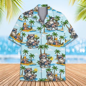 Tropical Raccoon Hawaiian Shirt for Men Women Youth, Funny Beach Vacation Button Down, Summer Animal Aloha Shirt, Gift for Raccoon Lover