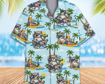 Camisa havaiana de guaxinim tropical para homens, mulheres e jovens, camisa divertida de férias na praia com botões, camisa aloha de animais de verão, presente para amantes de guaxinins