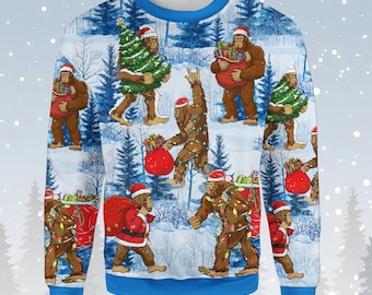 Bigfoot Christmas Sweatshirt for Men Women, Funny Sasquatch Fake Ugly Xmas Sweater, Santa Bigfoot Holiday Pullover Gift