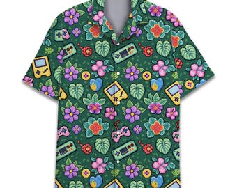 Retro Game Console Hawaiian Shirt for Men Women Youth, Pixel Art Floral Aloha Shirt, Vintage Gaming Summer Button Down Shirt Short Sleeve
