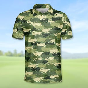 Alligator Camouflage Polo Shirt for Men Women, Camo Gator Pattern Golf Shirt Button Up, Funny Reptile Print Hunting Jungle Safari Shirt