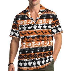Halloween Hawaiian Shirt Men Women Youth, Skull Ghost Bat Pumpkin Spider Web Print, Striped Spooky Party Short Sleeve Aloha Button Up Top