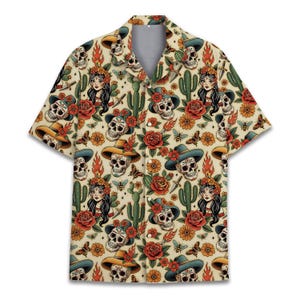Day of the Dead Hawaiian Shirt for Men Women Youth, Sugar Skull and Cactus Print Shirt, Mexican Tattoo Art Style Short Sleeve Shirt