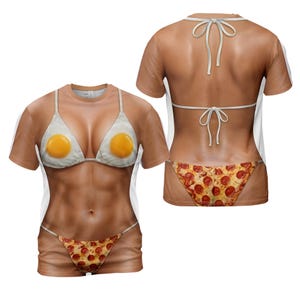 Funny Food Bikini T-Shirt, Pizza Bikini Shirt, Fried Egg Bra Tee, Novelty 3D Food Shirt, Gag Gift Party Shirt for Women Men 2