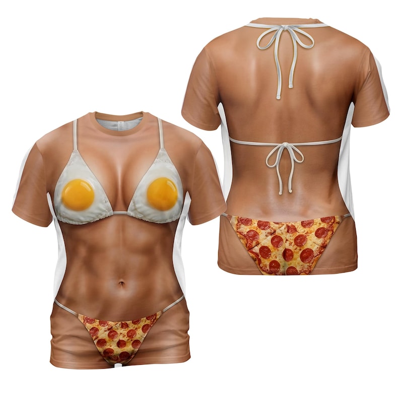 Funny Food Bikini T-Shirt, Pizza Bikini Shirt, Fried Egg Bra Tee, Novelty 3D Food Shirt, Gag Gift Party Shirt for Women Men 2
