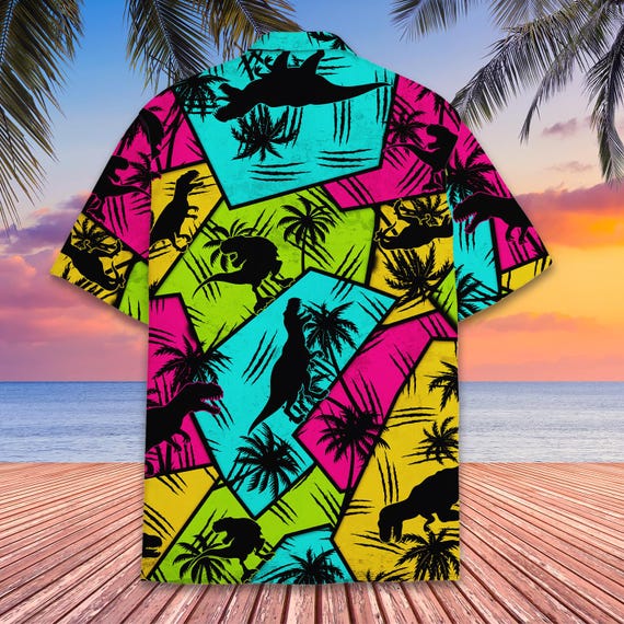 Neon Dinosaur Hawaiian Shirt Men Women Youth, Colorful Retro Dino