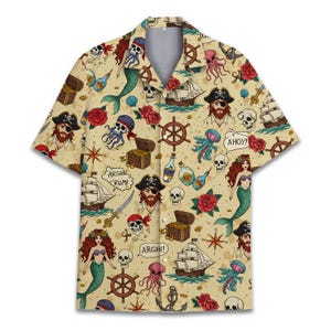 Piraten Hawaii Hemd für Männer Frauen Jugend, lustiges Piraten Shirt mit Meerjungfrauen, Nautische Kreuzfahrt Party Geschenk, Pirat Button Down Kurzarm