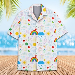 Cute Doodle Art Hawaiian Shirt for Men Women Youth, Colorful Kids Drawing Button-Down Short Sleeve Shirt, Fun Summer Beach Shirt