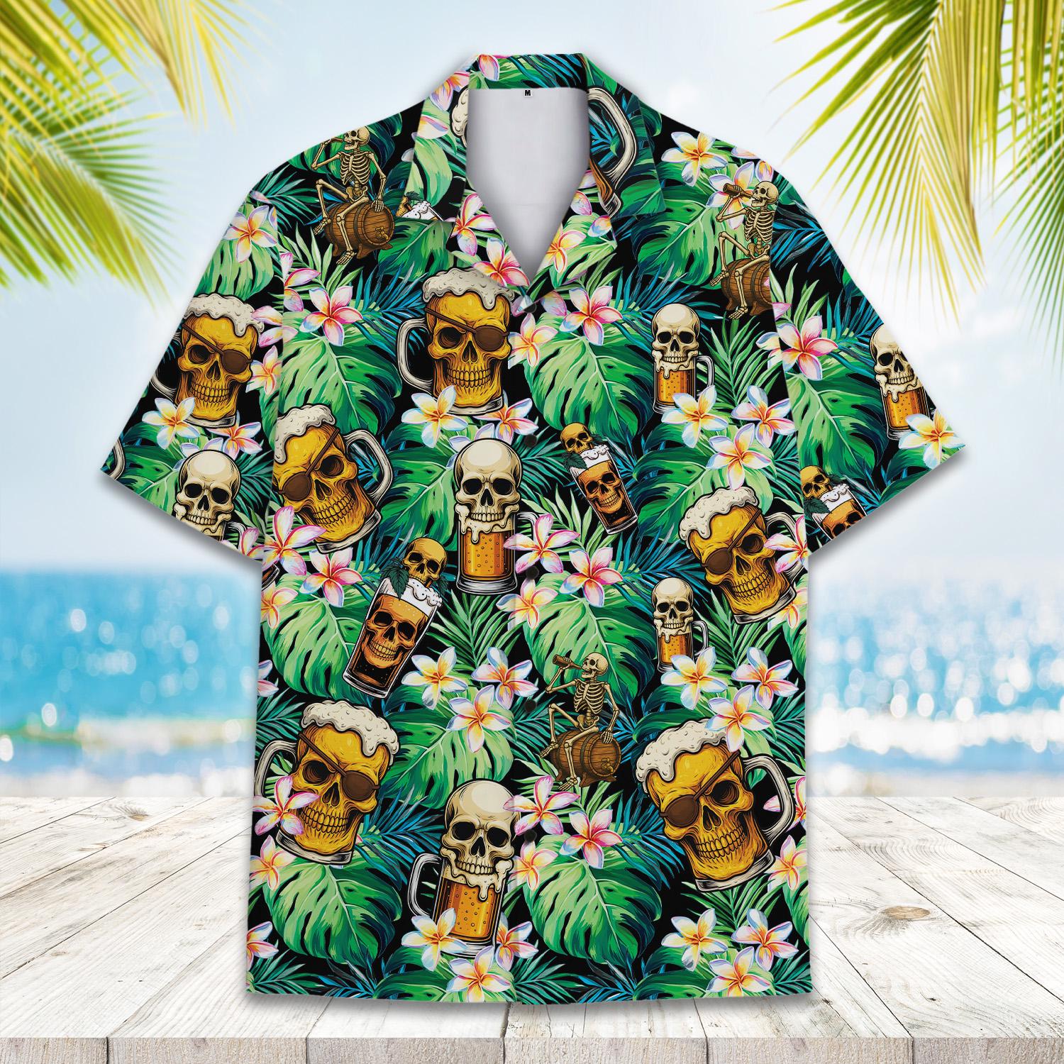 Skull Beer Hawaiian Shirt for Men Women, Tropical Skeleton Shirt