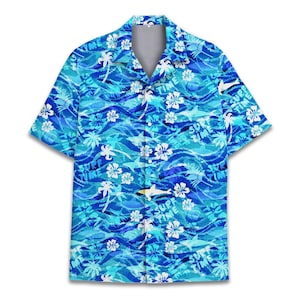 Tropical Surf Hawaiian Shirt Men Women Youth, Blue Ocean Floral Button Down Shirt, Shark and Wave Summer Beach Shirt, Surf Time Aloha Shirt