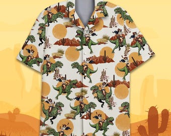 Funny Cowgirl Riding Dinosaur Hawaiian Shirt for Men Women Youth, Western Rodeo T-Rex Button Down Shirt Short Sleeve, Western Gift