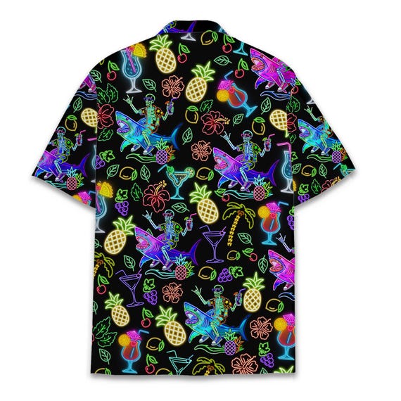 Neon Skeleton Riding Shark Hawaiian Shirt for Men, Cocktail