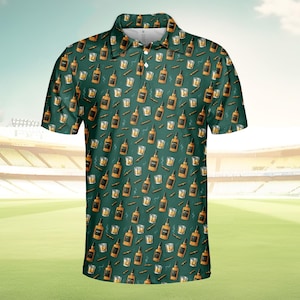 Whiskey Cigar Polo Shirt for Men and Women, Funny Bourbon Whiskey Shirt Button Up, Summer Casual Drinking Shirt, Tropical Party Polo
