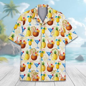 Rolig cocktail Hawaii-skjorta för män och kvinnor, tropiska drinkar och frukter tryck Aloha-skjorta, skjorta med knappar för sommarstrandfest
