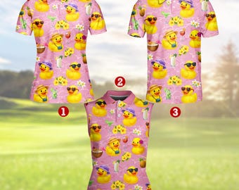 Pink Duck Polo Shirt for Men Women, Retro Neon Sleeveless Golf Polo, Summer Vibe Rubber Duck Shirt, Colorful Summer Party Outfit Unisex