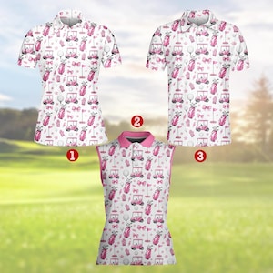 Polo de golf rosa para hombre y mujer, con divertido estampado de palos y lazo de carrito de golf, sin mangas y de manga corta para amantes del golf, ideal como regalo.