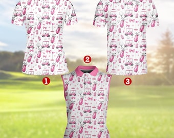 Cute Pink Golf Polo Shirt for Women Men, Funny Golf Cart Bow and Club Pattern, Sleeveless & Short Sleeve Polo for Golf Friends, Gift Idea