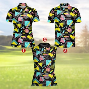 Retro 80s 90s Geometric Pattern Polo Shirt for Men Women, Colorful Memphis Style Funky Golf Shirt, Party Clubwear, Funny Polo Goft Shirt