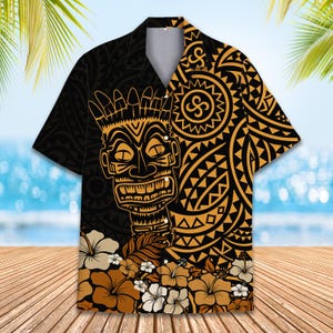 Tiki Tribal Hawaiian Shirt Men Women Youth, Polynesian Luau Party Aloha Shirt, Retro Island Floral Button Down Short Sleeve