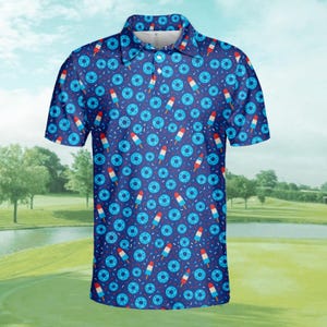 Popsicle and Donut Polo Shirt for Men Women, Fun Food Pattern Shirt, 4th of July Golf Polo, Independence Day Polo Shirt